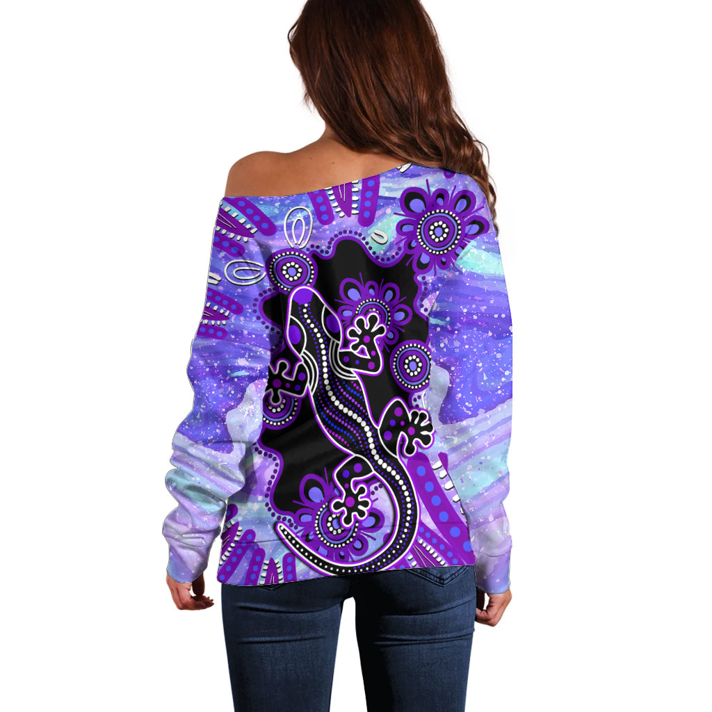 australia-opal-off-shoulder-sweater-aussie-lizard-with-aboriginal-art-purple