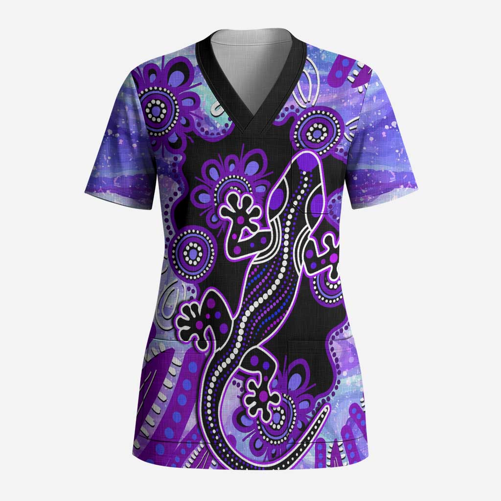 Australia Opal Scrub Top Aussie Lizard With Aboriginal Art - Purple - Aussie Hoodie