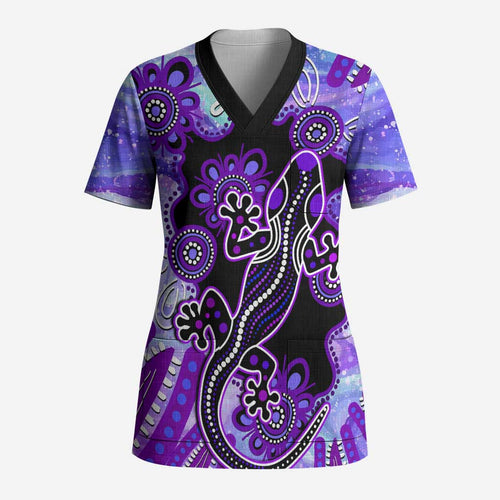 Australia Opal Scrub Top Aussie Lizard With Aboriginal Art - Purple - Aussie Hoodie
