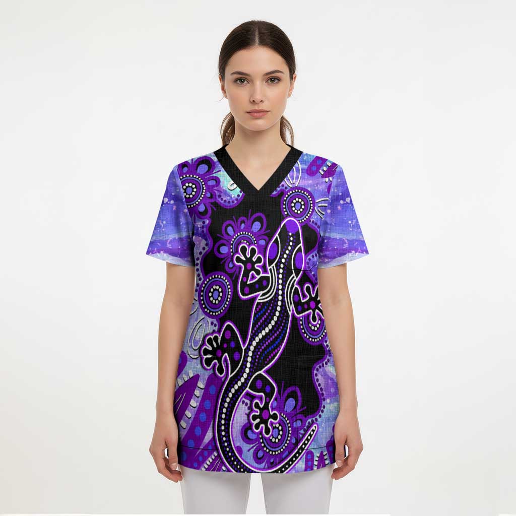 Australia Opal Scrub Top Aussie Lizard With Aboriginal Art - Purple - Aussie Hoodie