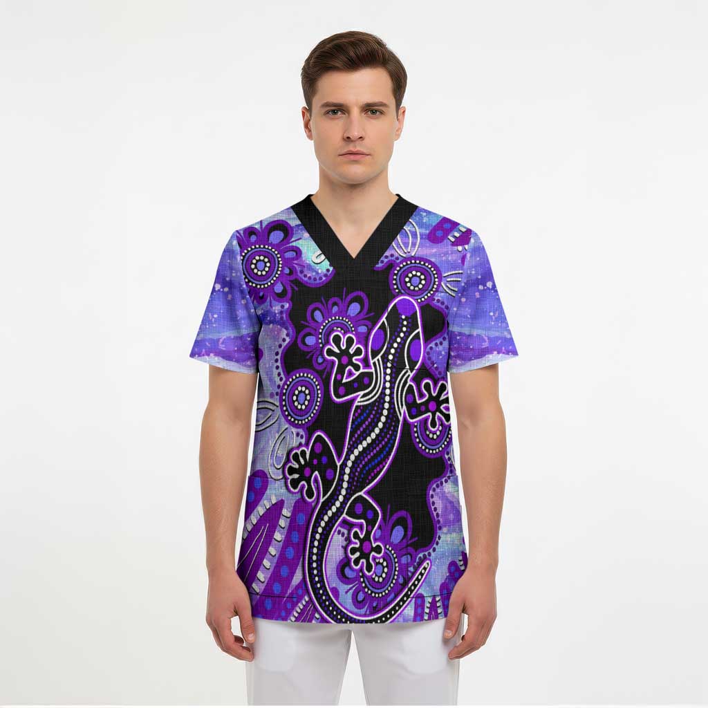 Australia Opal Scrub Top Aussie Lizard With Aboriginal Art - Purple - Aussie Hoodie