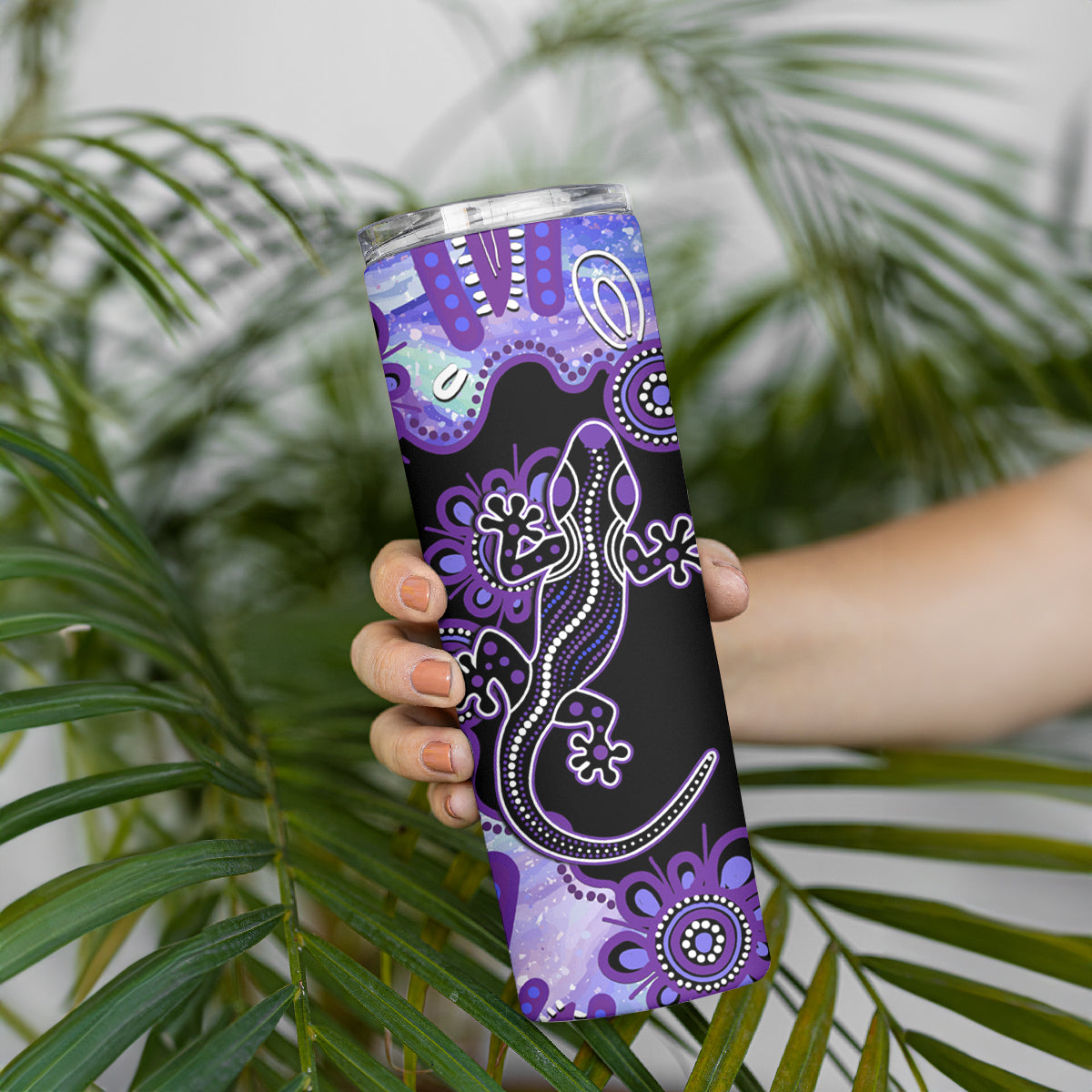 Australia Opal Skinny Tumbler Aussie Lizard With Aboriginal Art - Purple