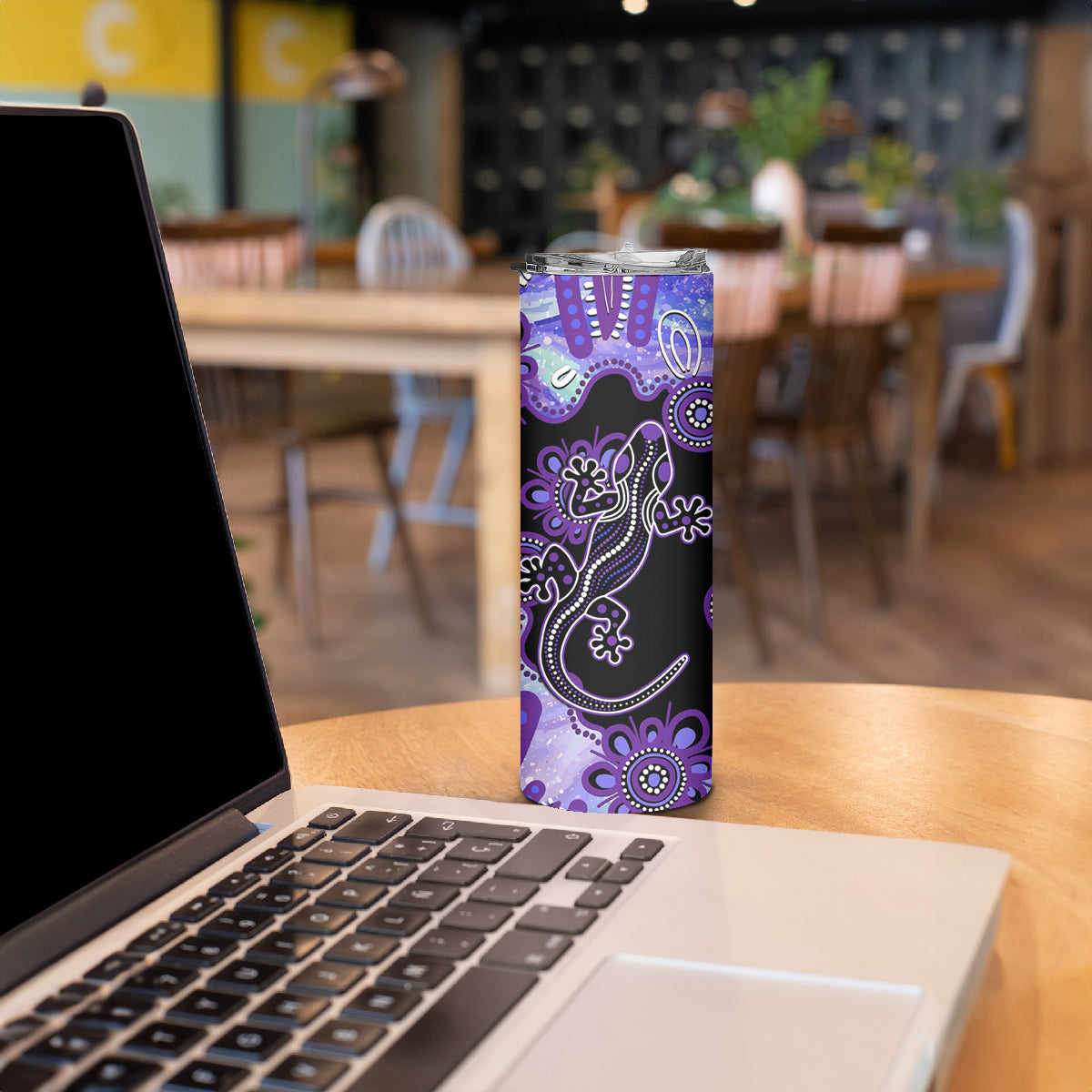 Australia Opal Skinny Tumbler Aussie Lizard With Aboriginal Art - Purple