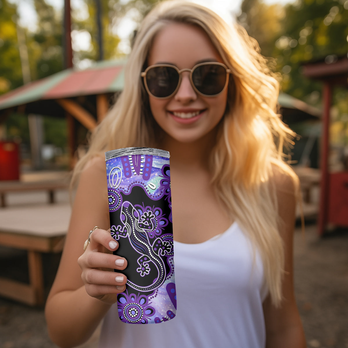 Australia Opal Skinny Tumbler Aussie Lizard With Aboriginal Art - Purple