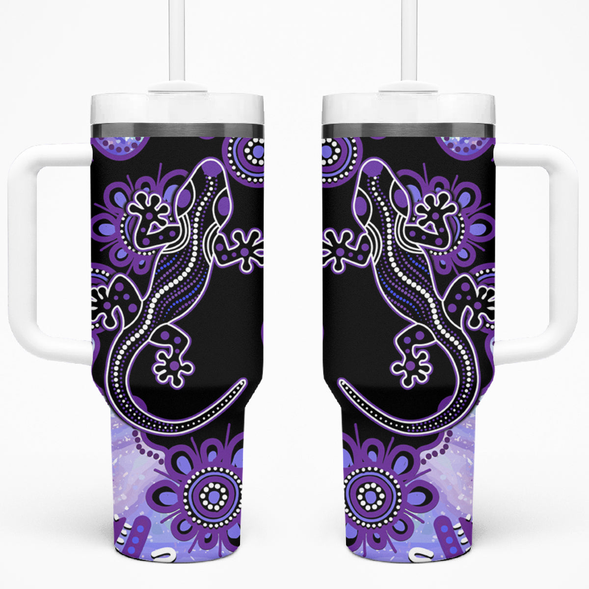 Australia Opal Tumbler With Handle Aussie Lizard With Aboriginal Art - Purple
