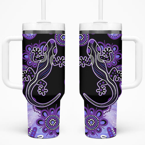 Australia Opal Tumbler With Handle Aussie Lizard With Aboriginal Art - Purple