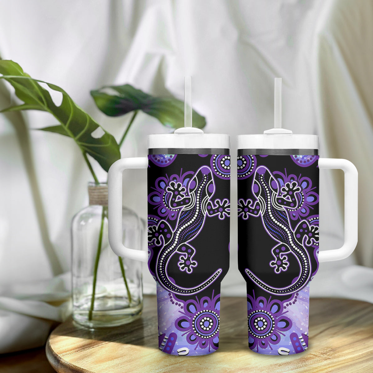 Australia Opal Tumbler With Handle Aussie Lizard With Aboriginal Art - Purple