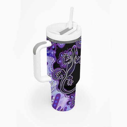 Australia Opal Tumbler With Handle Aussie Lizard With Aboriginal Art - Purple