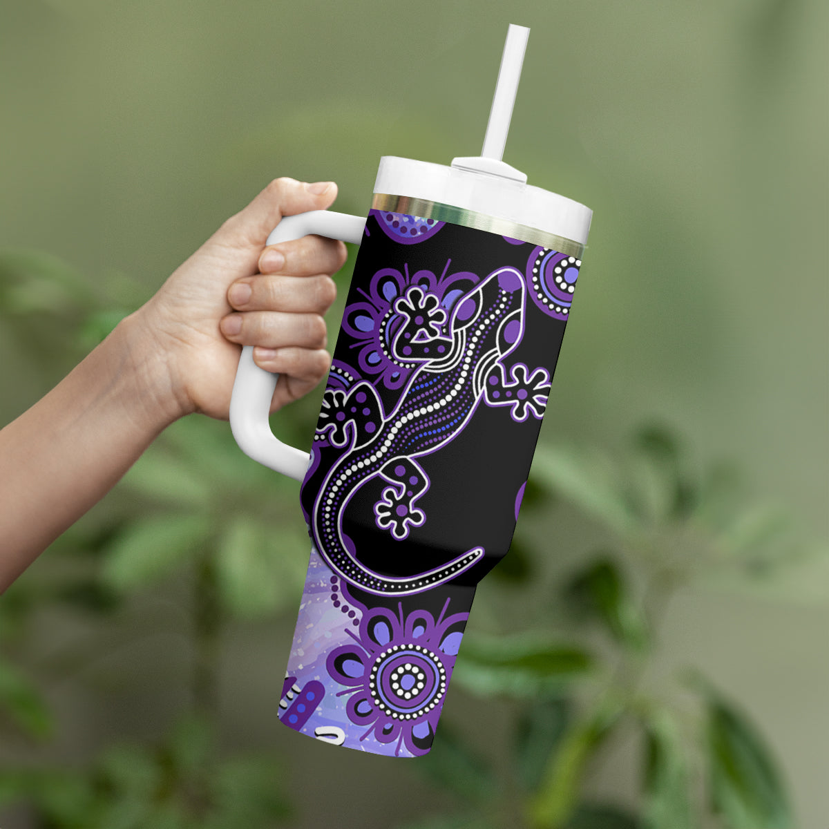 Australia Opal Tumbler With Handle Aussie Lizard With Aboriginal Art - Purple