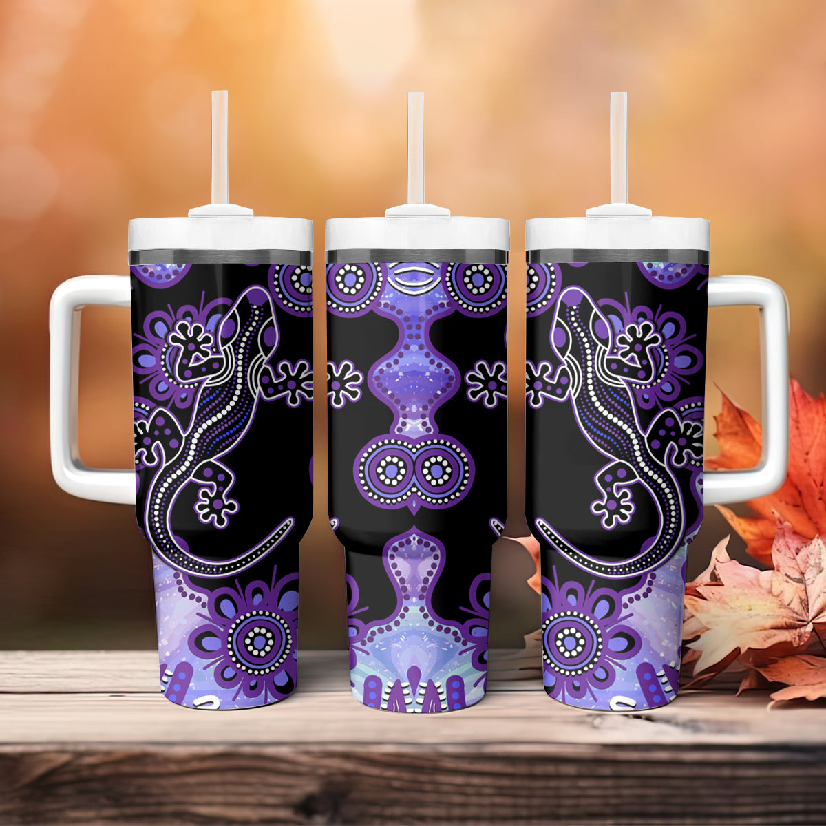 Australia Opal Tumbler With Handle Aussie Lizard With Aboriginal Art - Purple