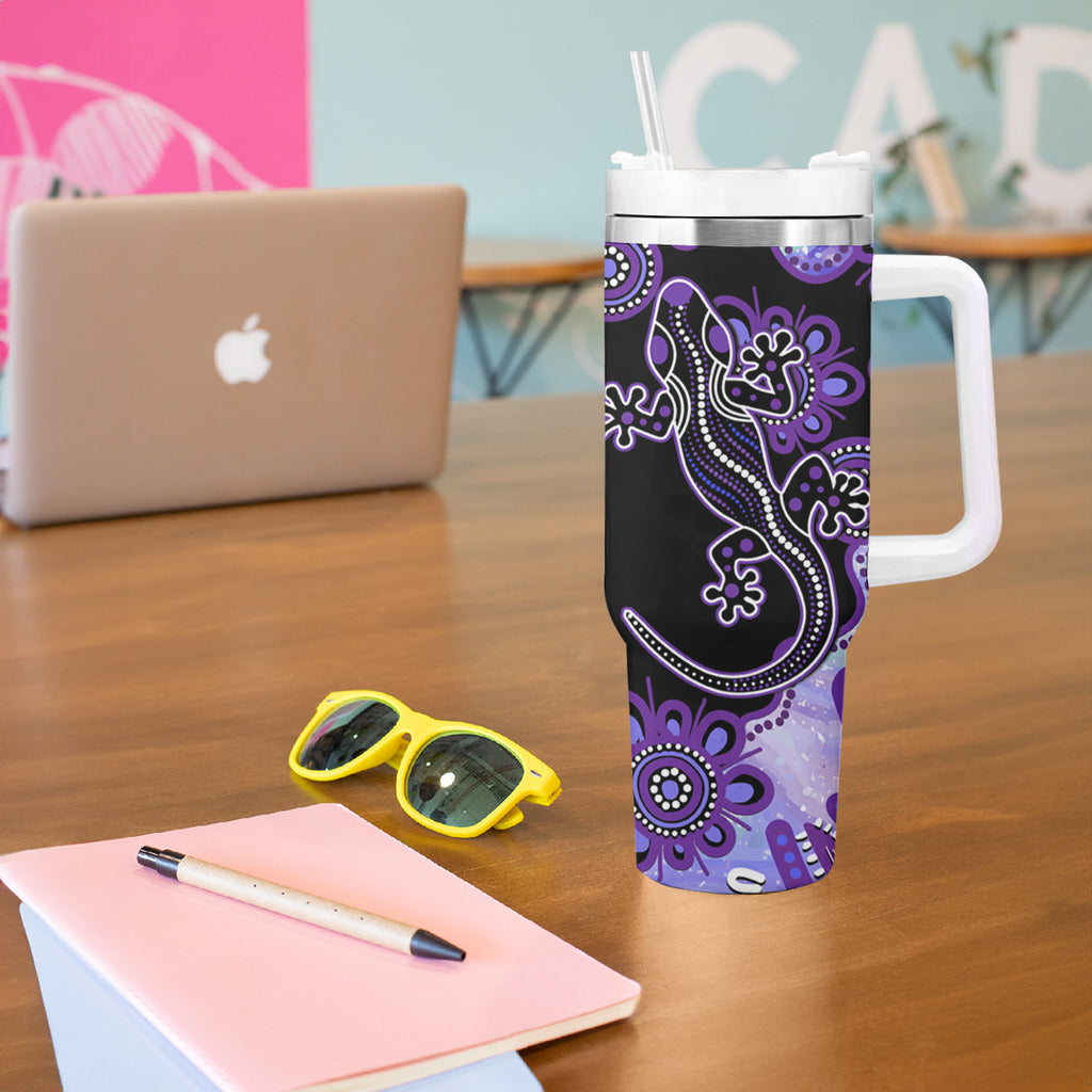 Australia Opal Tumbler With Handle Aussie Lizard With Aboriginal Art - Purple