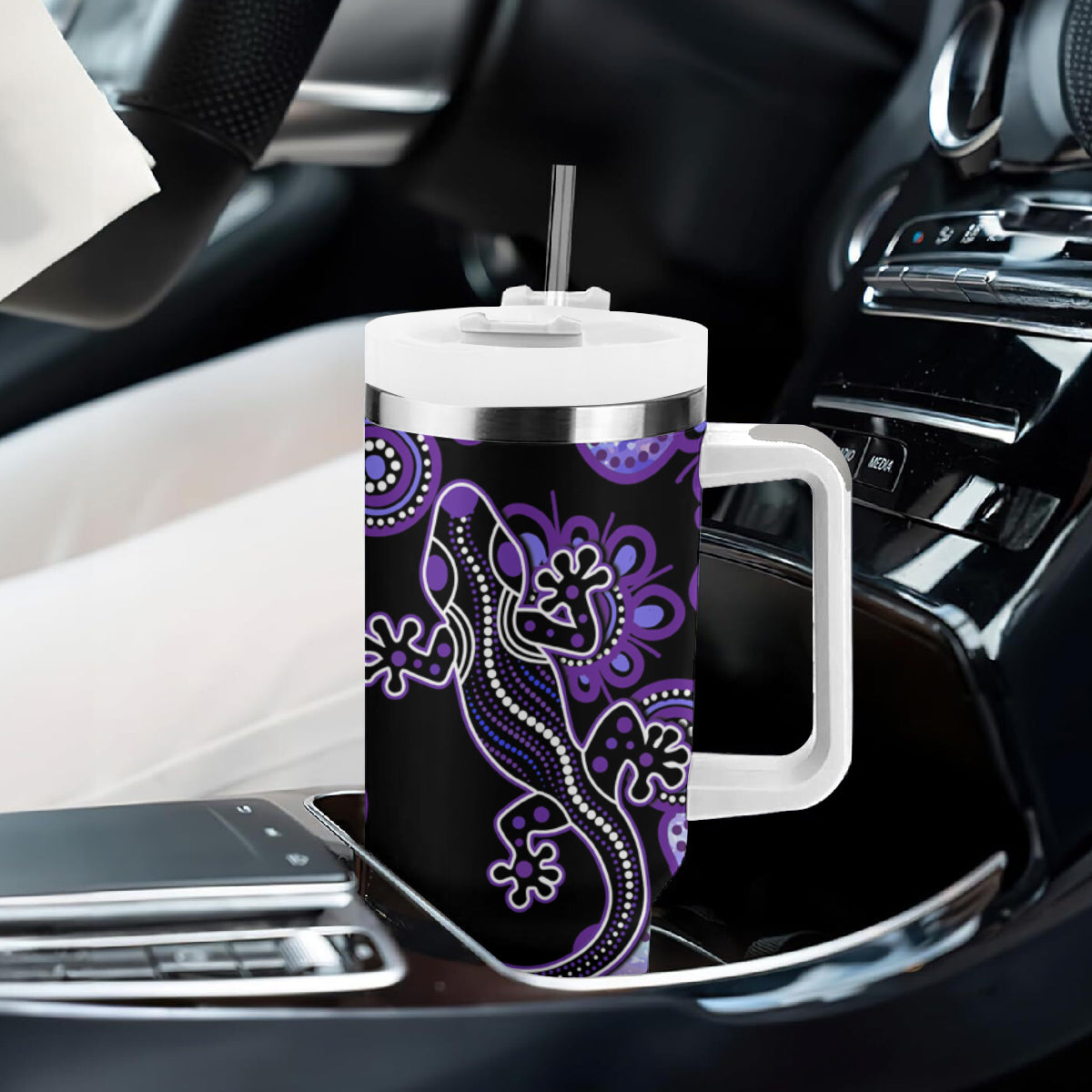 Australia Opal Tumbler With Handle Aussie Lizard With Aboriginal Art - Purple