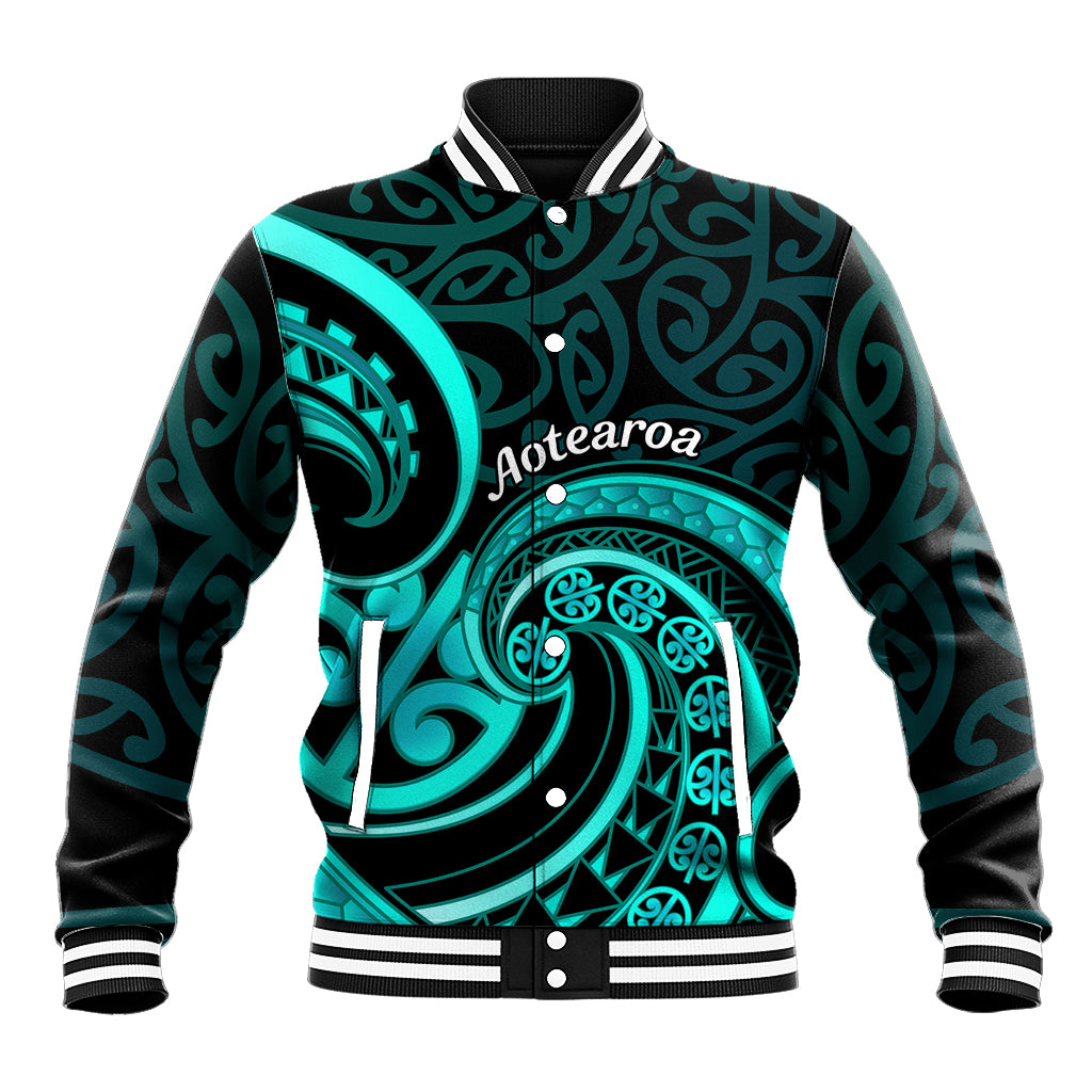 Turquoise New Zealand Mangopare Baseball Jacket Aotearoa Maori Koru Style