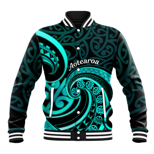Turquoise New Zealand Mangopare Baseball Jacket Aotearoa Maori Koru Style