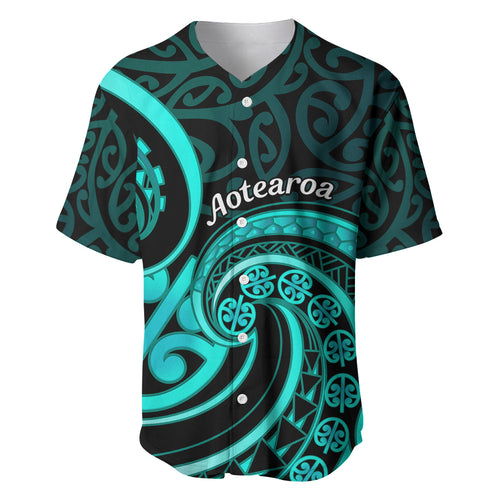 Turquoise New Zealand Mangopare Baseball Jersey Aotearoa Maori Koru Style