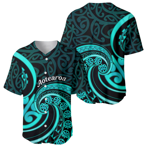 Turquoise New Zealand Mangopare Baseball Jersey Aotearoa Maori Koru Style