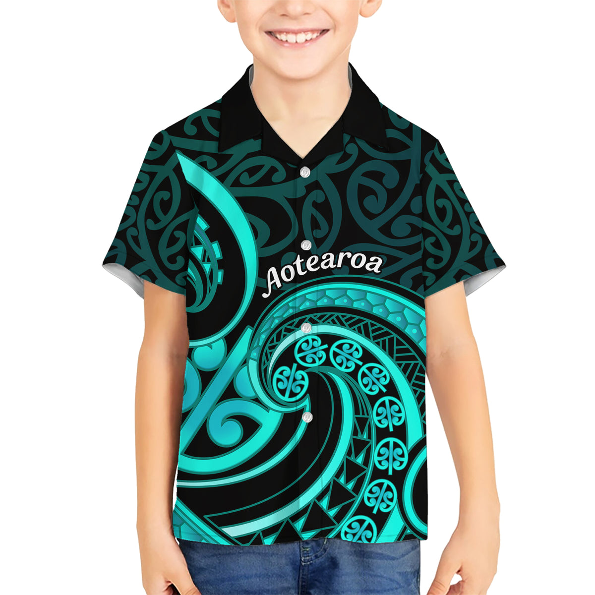 Turquoise New Zealand Mangopare Kid Hawaiian Shirt Aotearoa Maori Koru Style