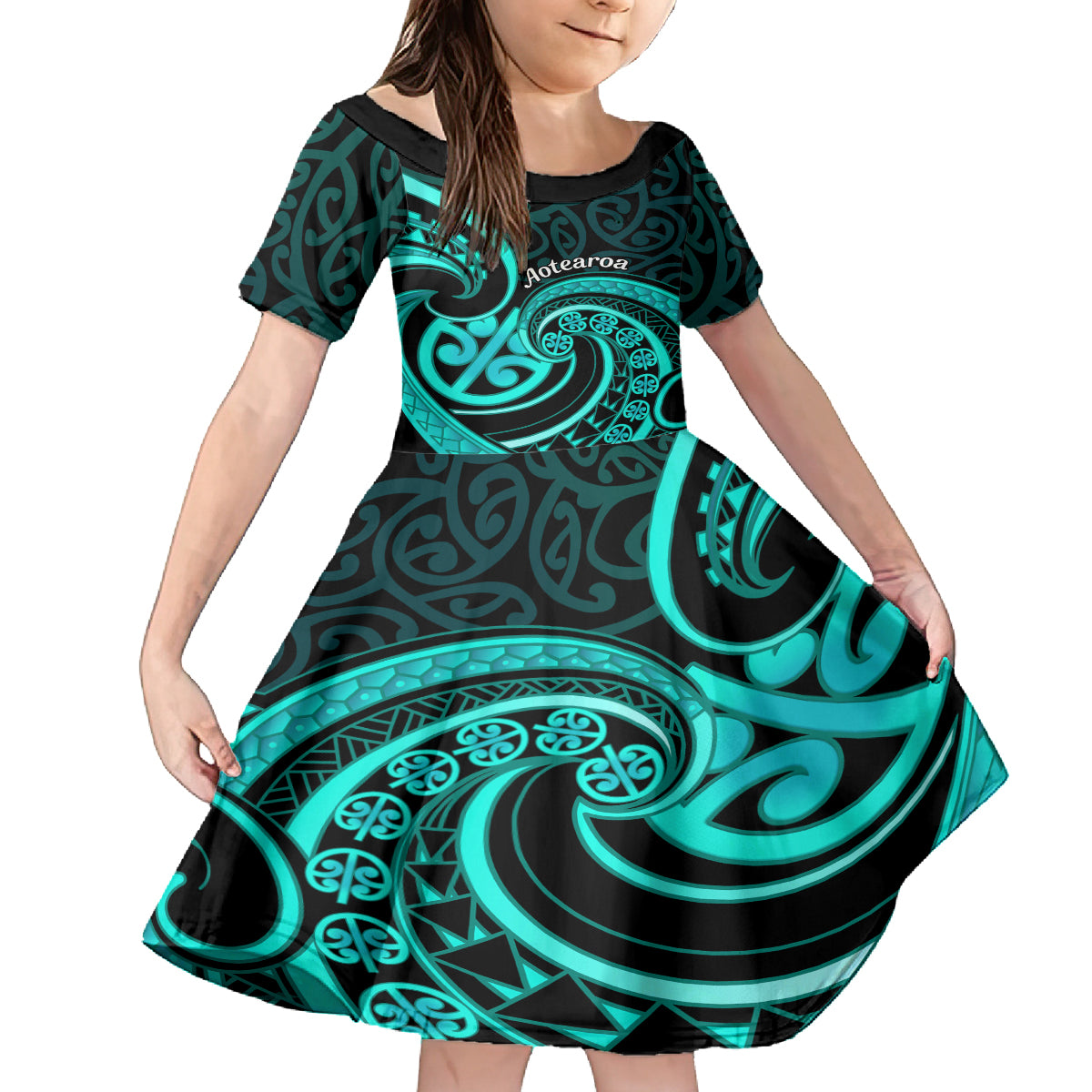 Turquoise New Zealand Mangopare Kid Short Sleeve Dress Aotearoa Maori Koru Style