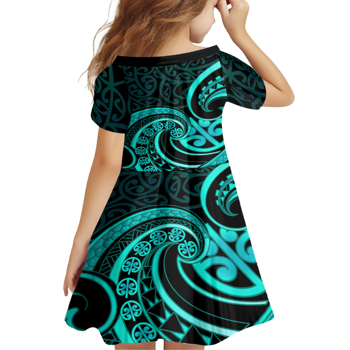 Turquoise New Zealand Mangopare Kid Short Sleeve Dress Aotearoa Maori Koru Style