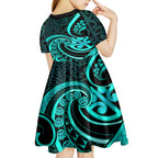 Turquoise New Zealand Mangopare Kid Short Sleeve Dress Aotearoa Maori Koru Style