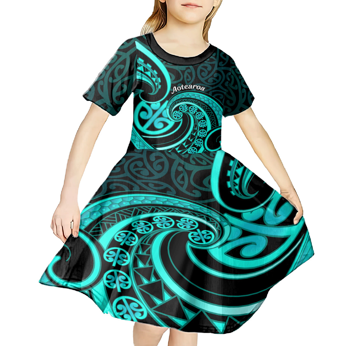Turquoise New Zealand Mangopare Kid Short Sleeve Dress Aotearoa Maori Koru Style