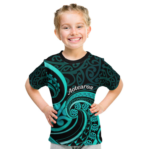 Turquoise New Zealand Mangopare Kid T Shirt Aotearoa Maori Koru Style