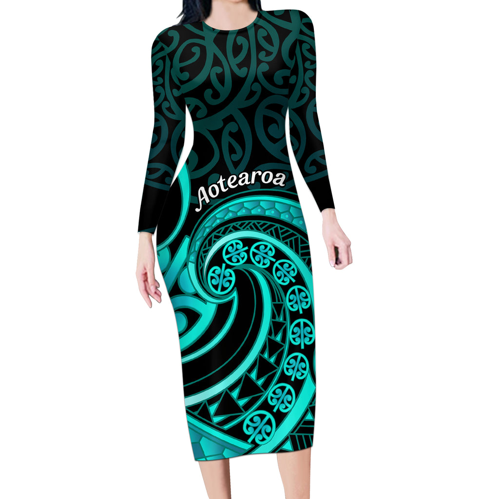 Turquoise New Zealand Mangopare Long Sleeve Bodycon Dress Aotearoa Maori Koru Style