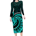 Turquoise New Zealand Mangopare Long Sleeve Bodycon Dress Aotearoa Maori Koru Style