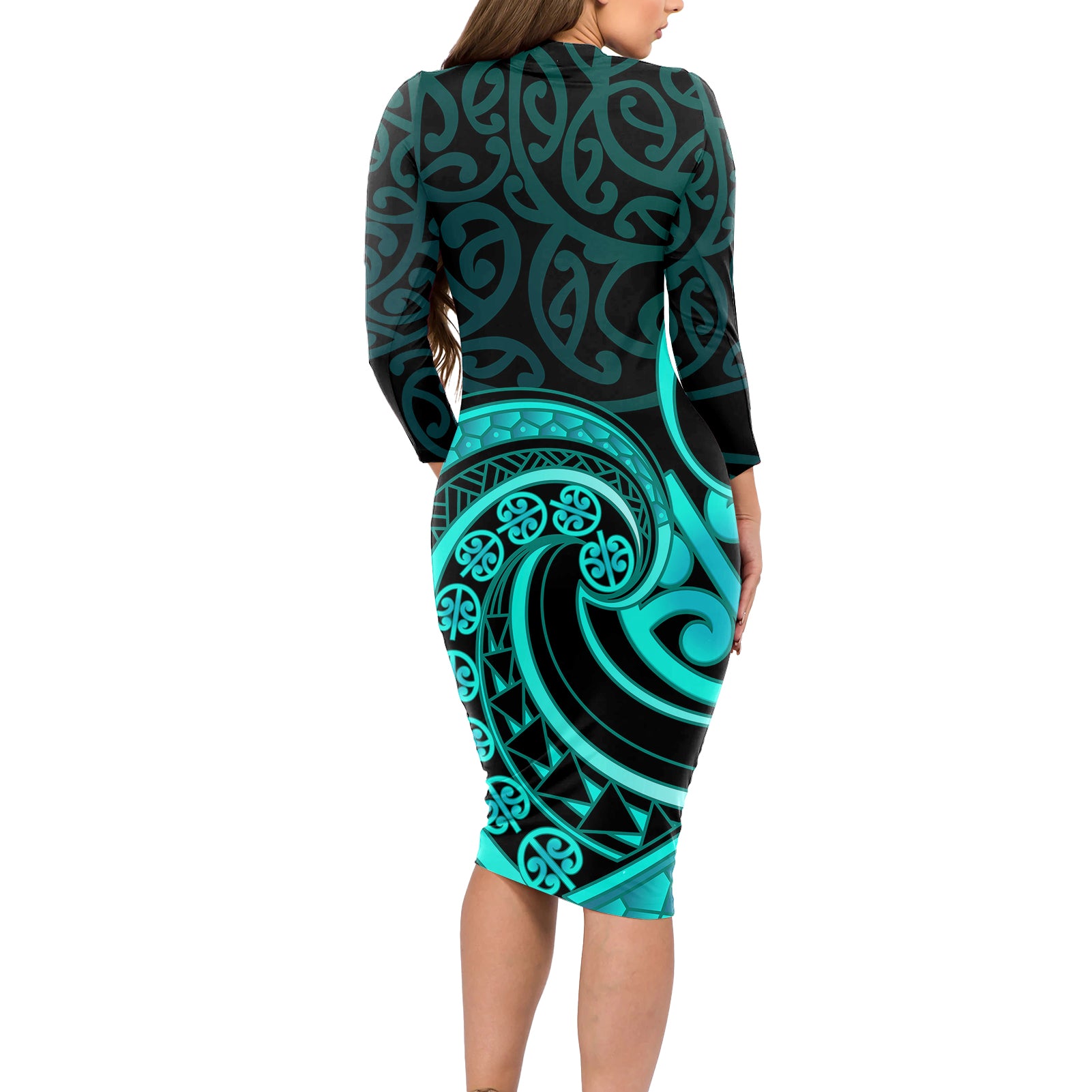 Turquoise New Zealand Mangopare Long Sleeve Bodycon Dress Aotearoa Maori Koru Style