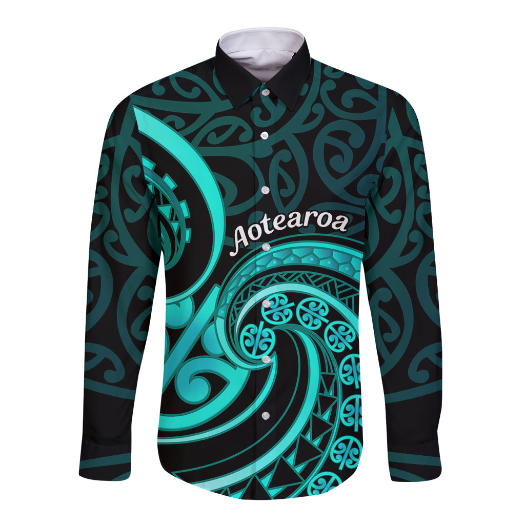 Turquoise New Zealand Mangopare Long Sleeve Button Shirt Aotearoa Maori Koru Style