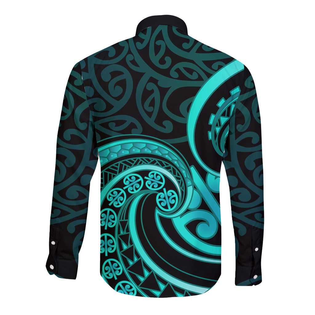 Turquoise New Zealand Mangopare Long Sleeve Button Shirt Aotearoa Maori Koru Style