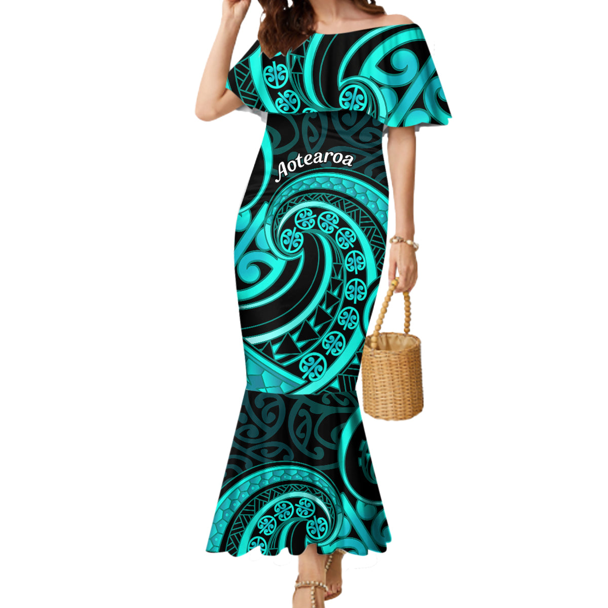 Turquoise New Zealand Mangopare Mermaid Dress Aotearoa Maori Koru Style