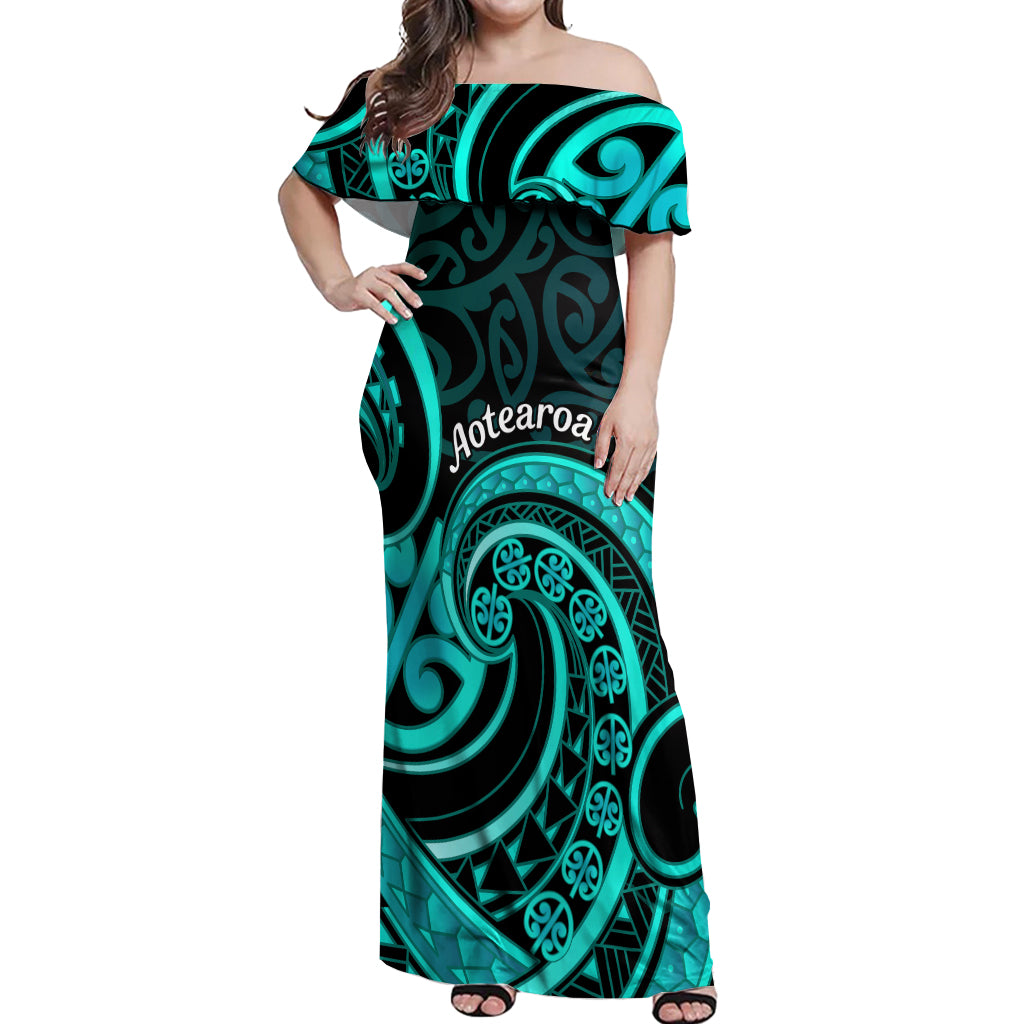 Turquoise New Zealand Mangopare Off Shoulder Maxi Dress Aotearoa Maori Koru Style