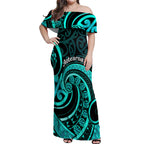 Turquoise New Zealand Mangopare Off Shoulder Maxi Dress Aotearoa Maori Koru Style