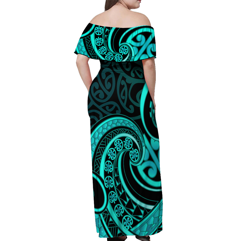 Turquoise New Zealand Mangopare Off Shoulder Maxi Dress Aotearoa Maori Koru Style