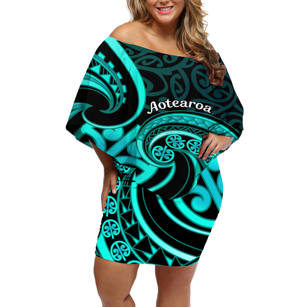 Turquoise New Zealand Mangopare Off Shoulder Short Dress Aotearoa Maori Koru Style
