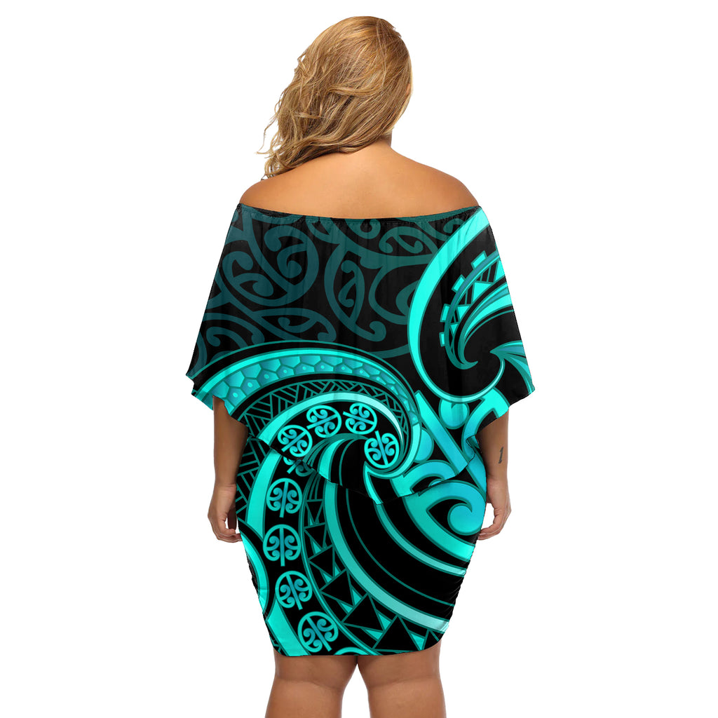 Turquoise New Zealand Mangopare Off Shoulder Short Dress Aotearoa Maori Koru Style