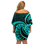 Turquoise New Zealand Mangopare Off Shoulder Short Dress Aotearoa Maori Koru Style