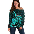 Turquoise New Zealand Mangopare Off Shoulder Sweater Aotearoa Maori Koru Style
