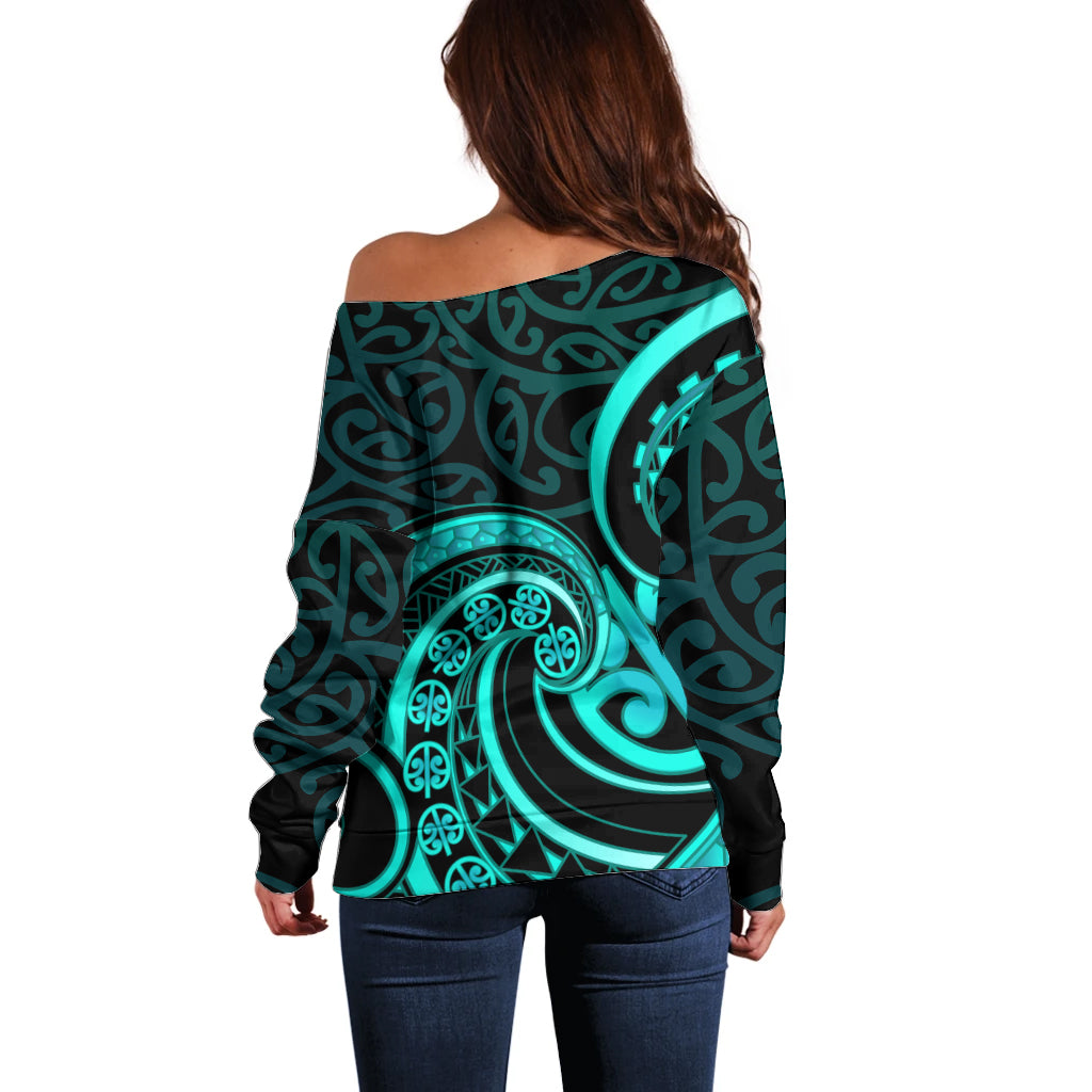 Turquoise New Zealand Mangopare Off Shoulder Sweater Aotearoa Maori Koru Style