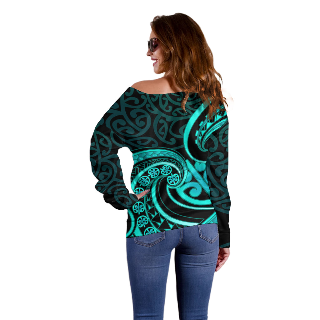 Turquoise New Zealand Mangopare Off Shoulder Sweater Aotearoa Maori Koru Style