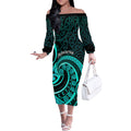 Turquoise New Zealand Mangopare Off The Shoulder Long Sleeve Dress Aotearoa Maori Koru Style