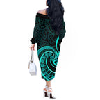 Turquoise New Zealand Mangopare Off The Shoulder Long Sleeve Dress Aotearoa Maori Koru Style