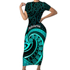 Turquoise New Zealand Mangopare Short Sleeve Bodycon Dress Aotearoa Maori Koru Style