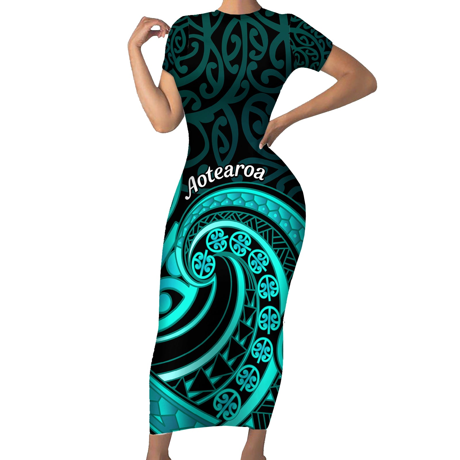 Turquoise New Zealand Mangopare Short Sleeve Bodycon Dress Aotearoa Maori Koru Style