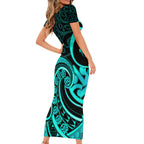 Turquoise New Zealand Mangopare Short Sleeve Bodycon Dress Aotearoa Maori Koru Style