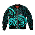 Turquoise New Zealand Mangopare Sleeve Zip Bomber Jacket Aotearoa Maori Koru Style