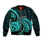 Turquoise New Zealand Mangopare Sleeve Zip Bomber Jacket Aotearoa Maori Koru Style