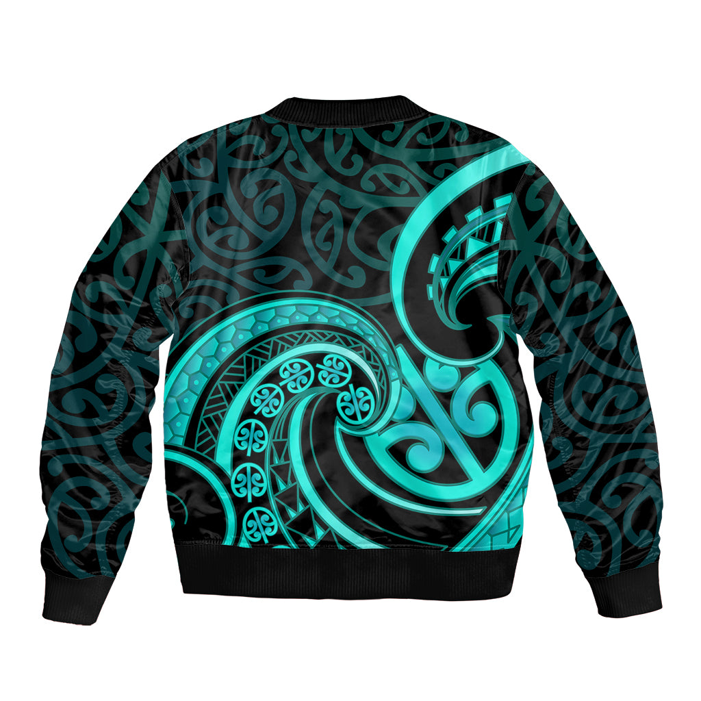 Turquoise New Zealand Mangopare Sleeve Zip Bomber Jacket Aotearoa Maori Koru Style