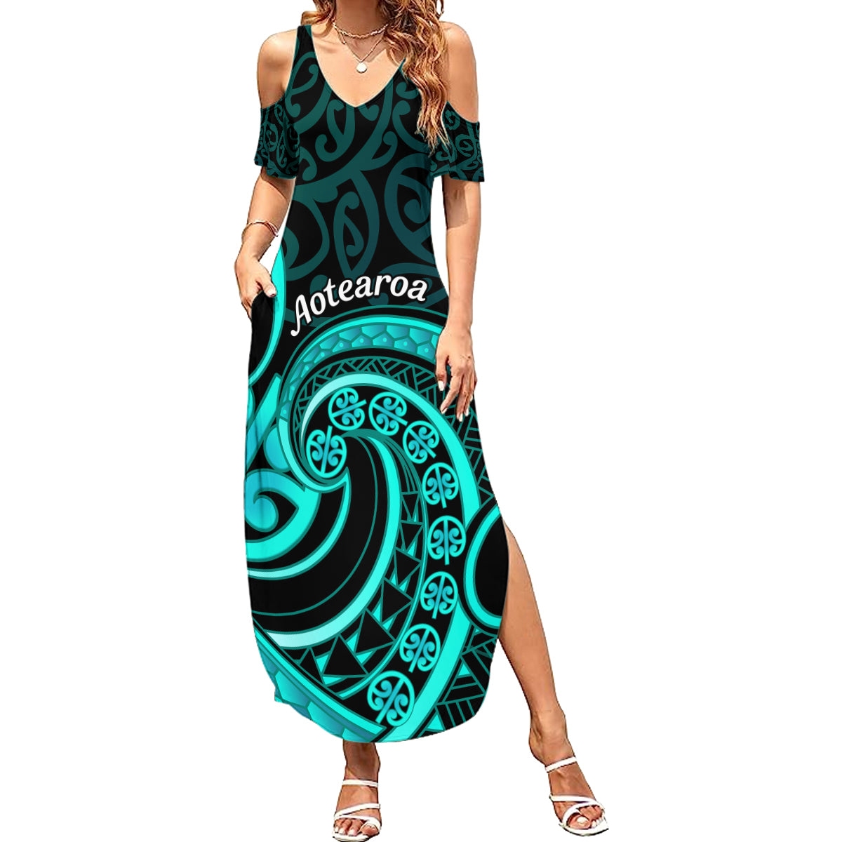 Turquoise New Zealand Mangopare Summer Maxi Dress Aotearoa Maori Koru Style